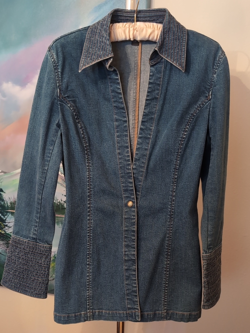 Vintage Classiques Entier Denim Jacket Blazer Size 10 Wide Cuff Y2K Stretch